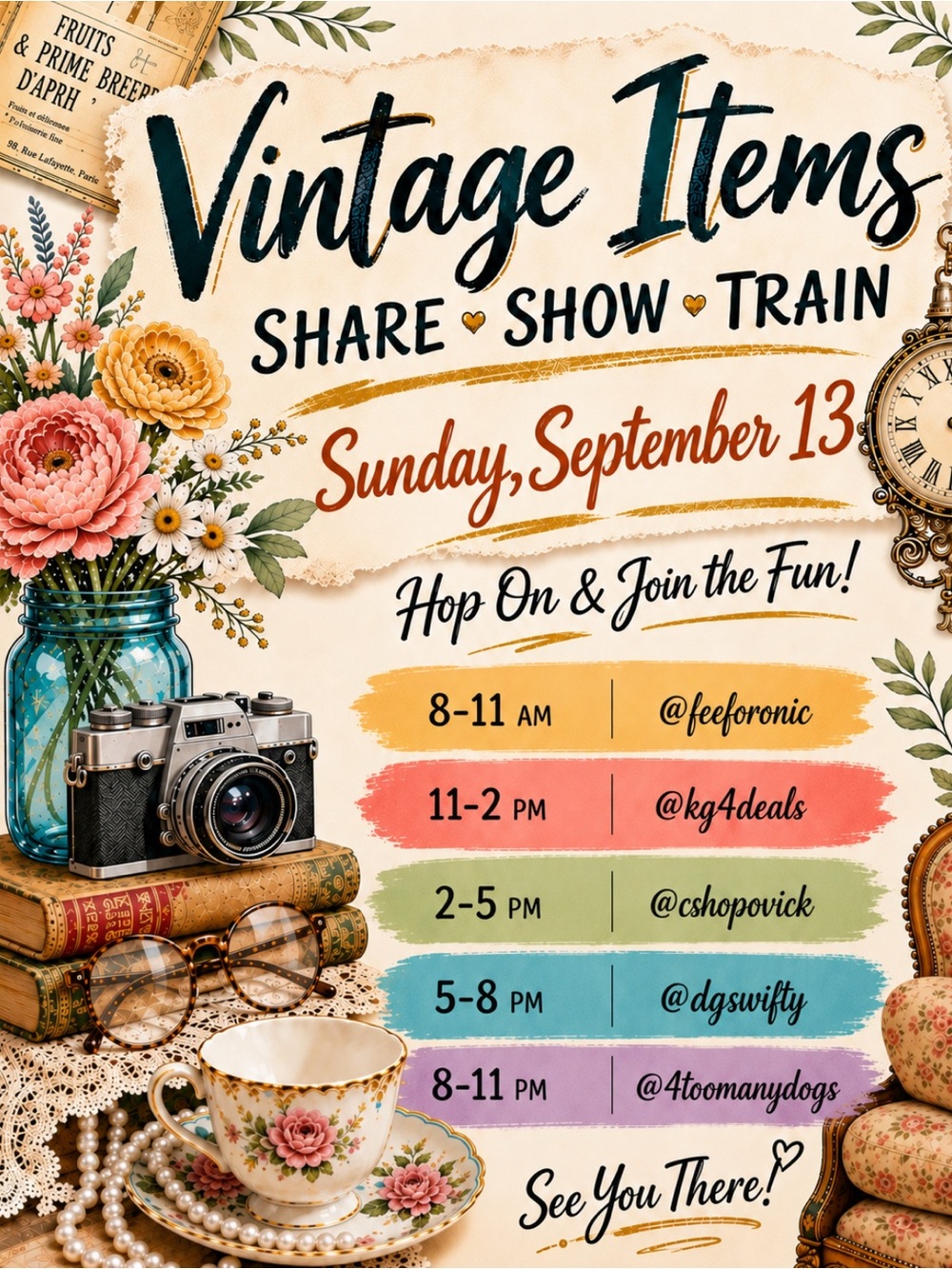 @4toomanydogs is live on the All Things Vintage Share Show Train